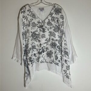 LA Fixsun Top Womens XL White Black Linen Paisley Relaxed Beach Lagenlook USA